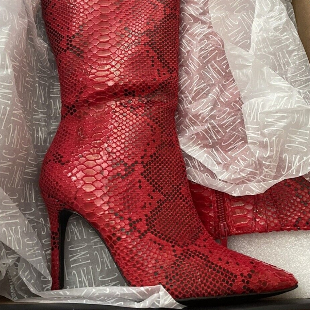 NWT Christmas Red Snakeskin Knee High Leather Boots - Picture 2 of 16